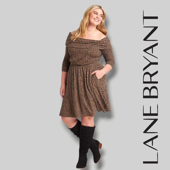 Lane Bryant Leopard Animal Print Off-Shoulder Dress Women’s 14/16 Casual Fit - Picture 8 of 8